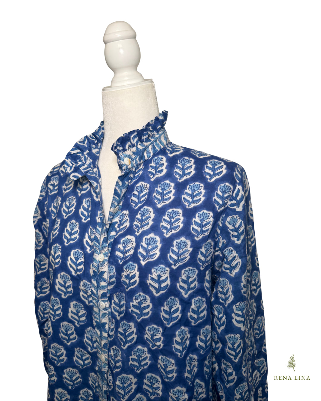 Blue & White Small Floral Block Print Ruffle Collared  Button Down Blouse - Women's