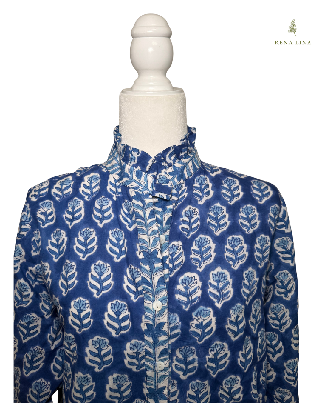 Blue & White Small Floral Block Print Ruffle Collared  Button Down Blouse - Women's