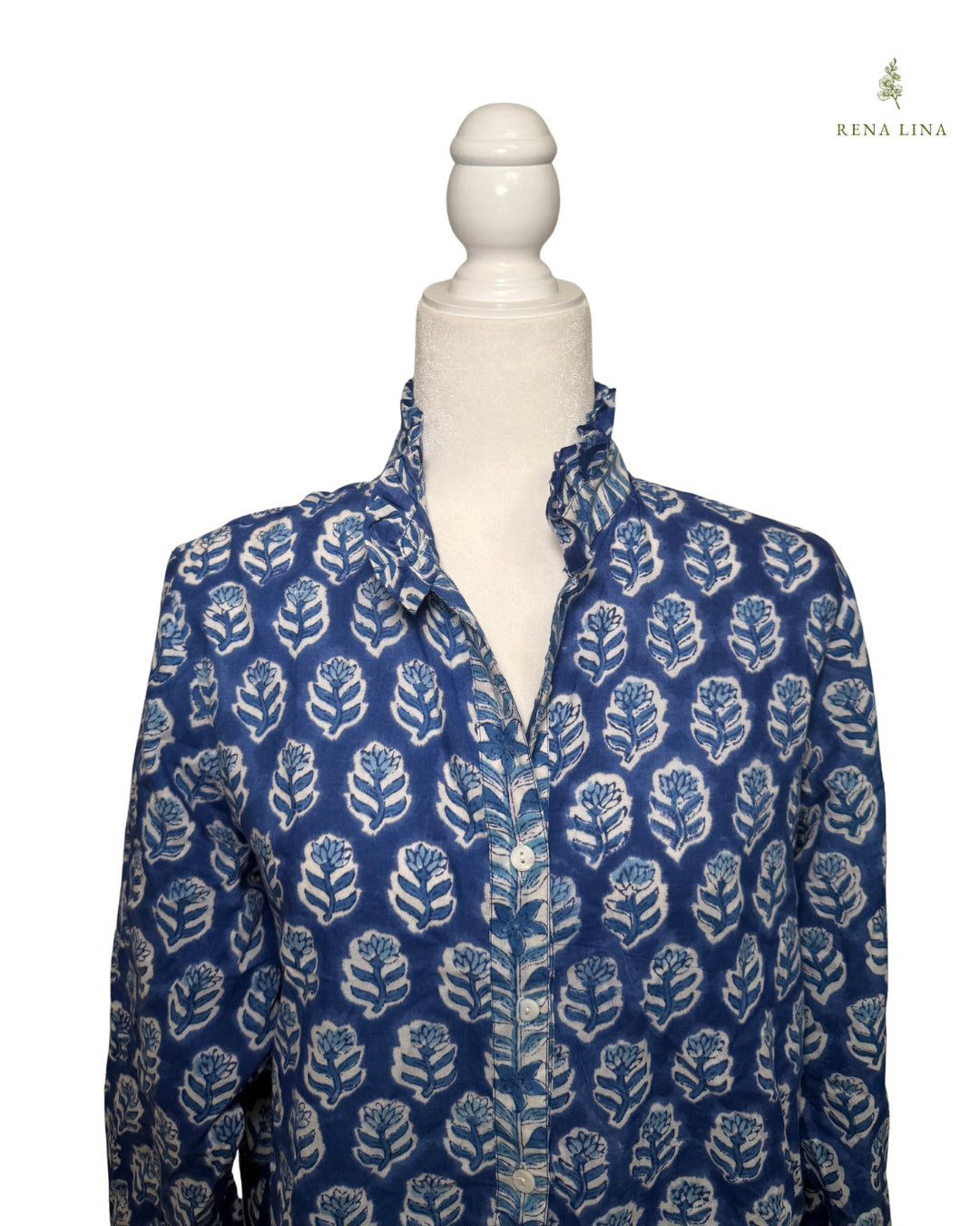 Blue & White Small Floral Block Print Ruffle Collared  Button Down Blouse - Women's
