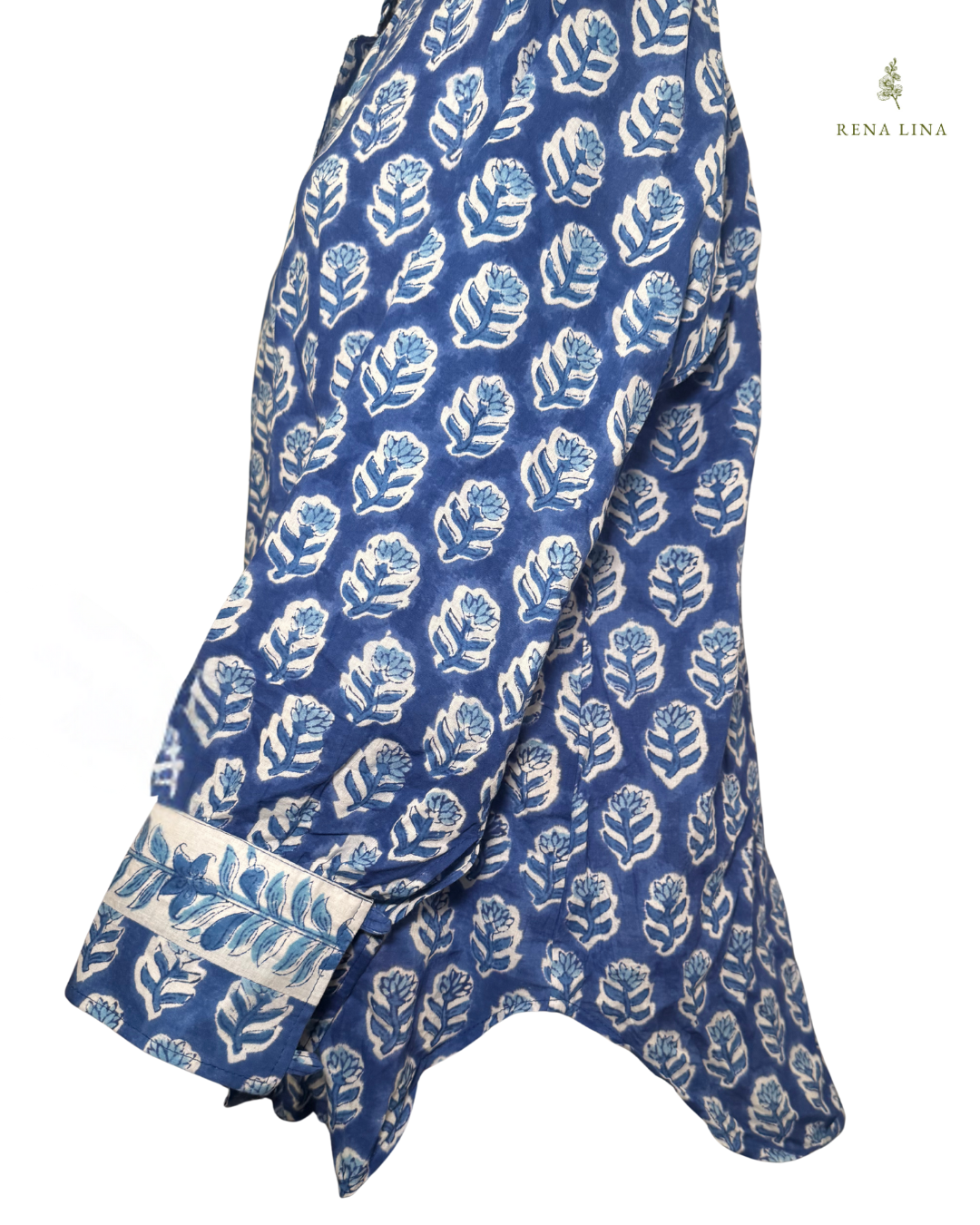 Blue & White Small Floral Block Print Ruffle Collared  Button Down Blouse - Women's