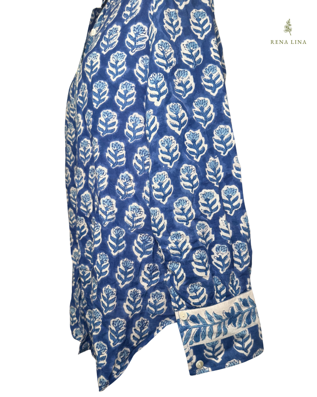 Blue & White Small Floral Block Print Ruffle Collared  Button Down Blouse - Women's