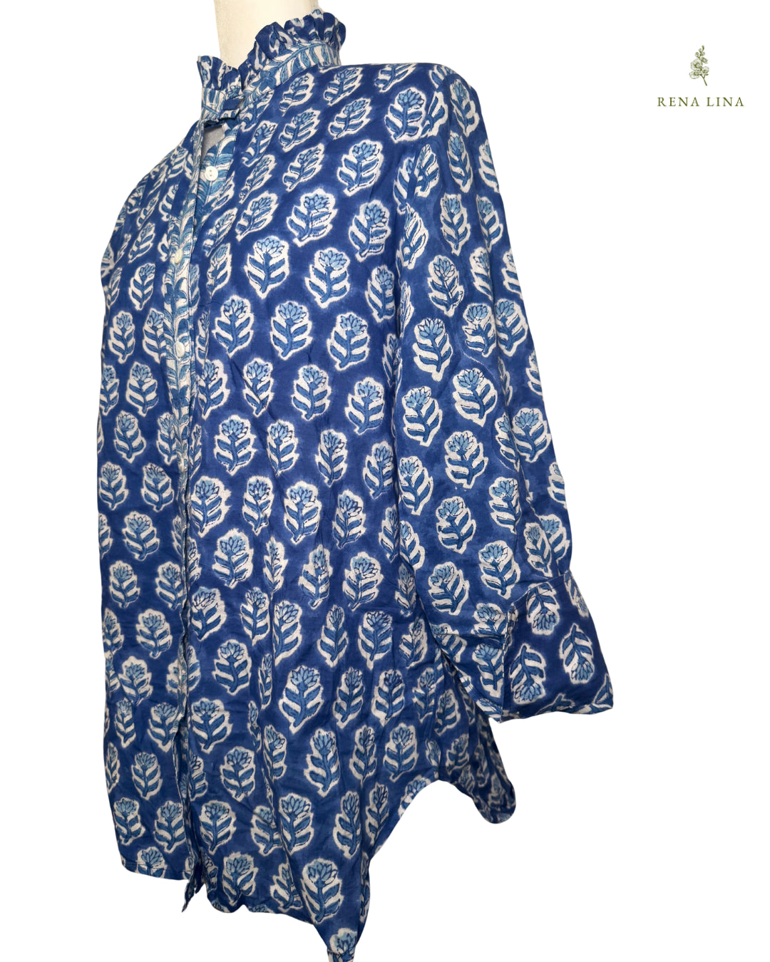 Blue & White Small Floral Block Print Ruffle Collared  Button Down Blouse - Women's