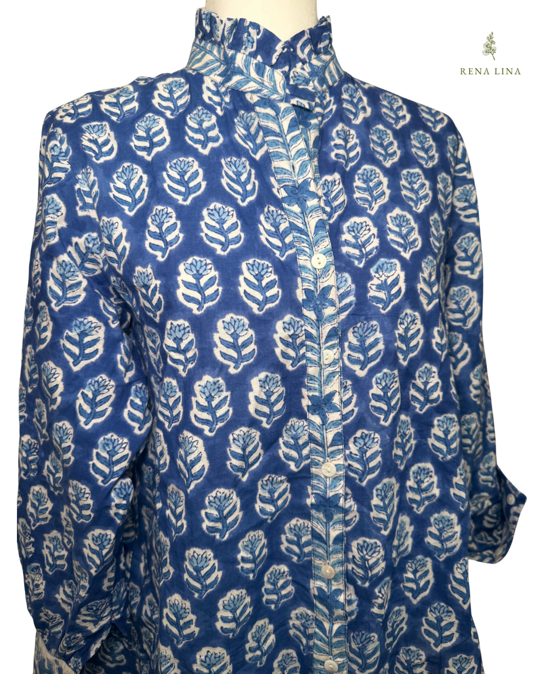 Blue & White Small Floral Block Print Ruffle Collared  Button Down Blouse - Women's