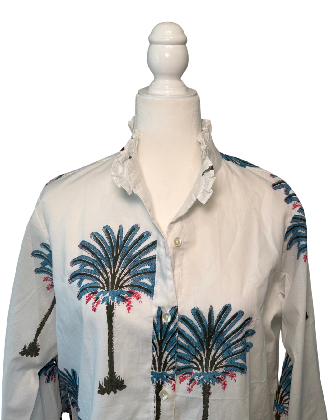 Palm Tree Block Print Women's Button Up Ruffled Collared Blouse
