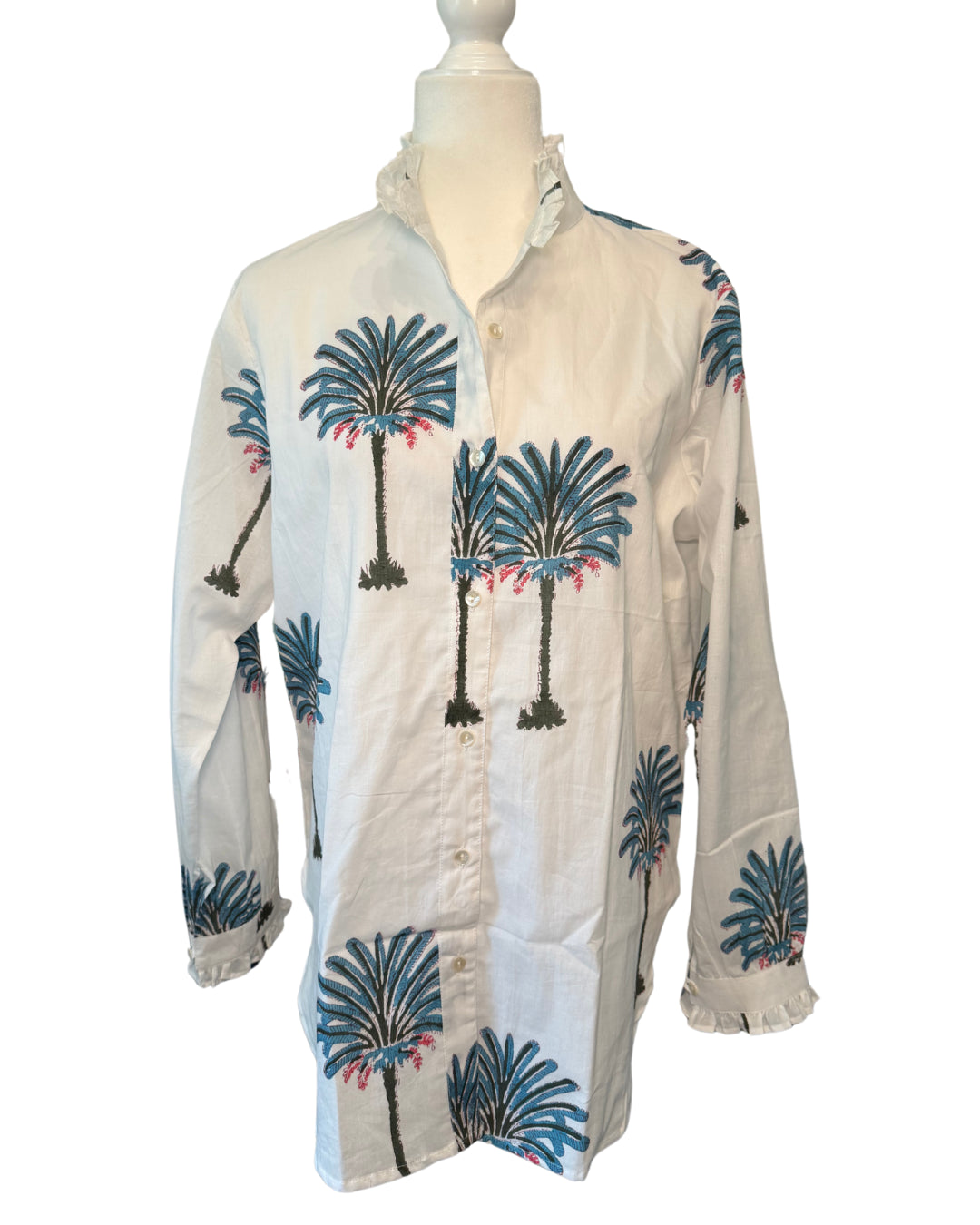 Palm Tree Block Print Women's Button Up Ruffled Collared Blouse