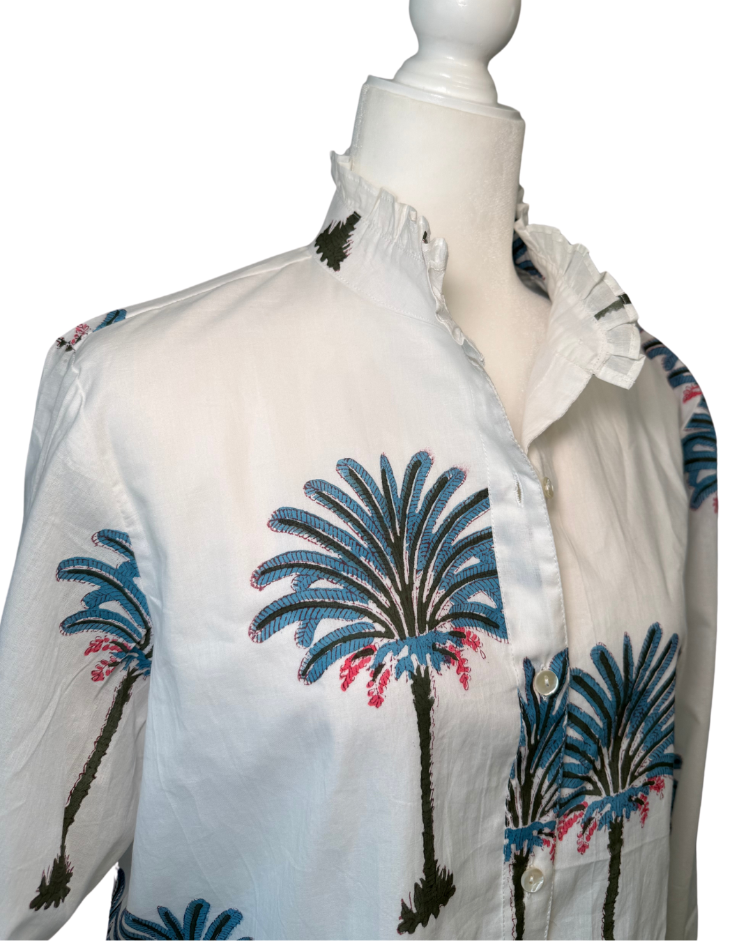 Palm Tree Block Print Women's Button Up Ruffled Collared Blouse