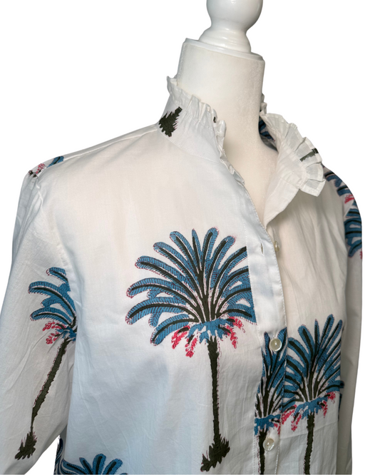 Palm Tree Block Print Women's Button Up Ruffled Collared Blouse