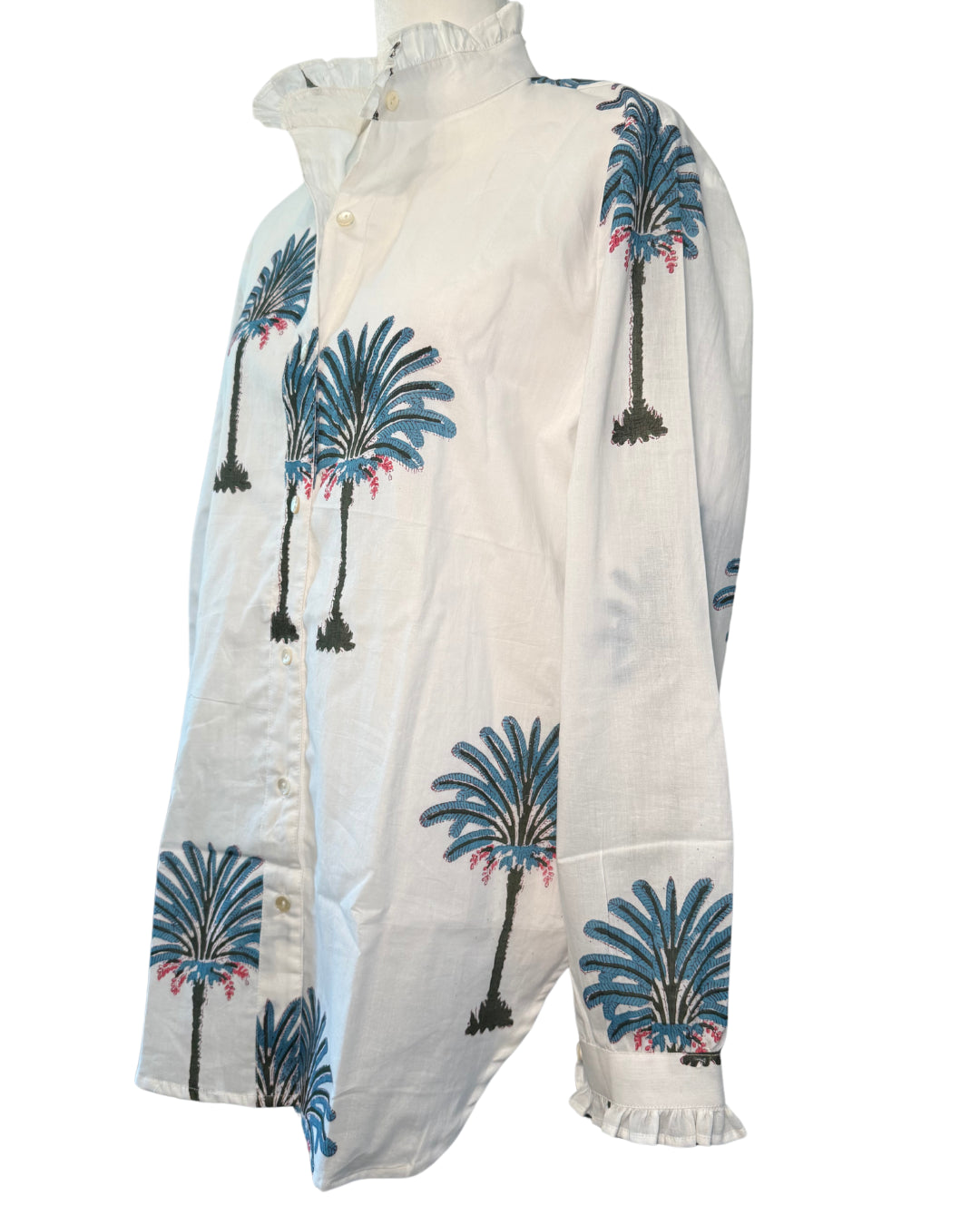 Palm Tree Block Print Women's Button Up Ruffled Collared Blouse