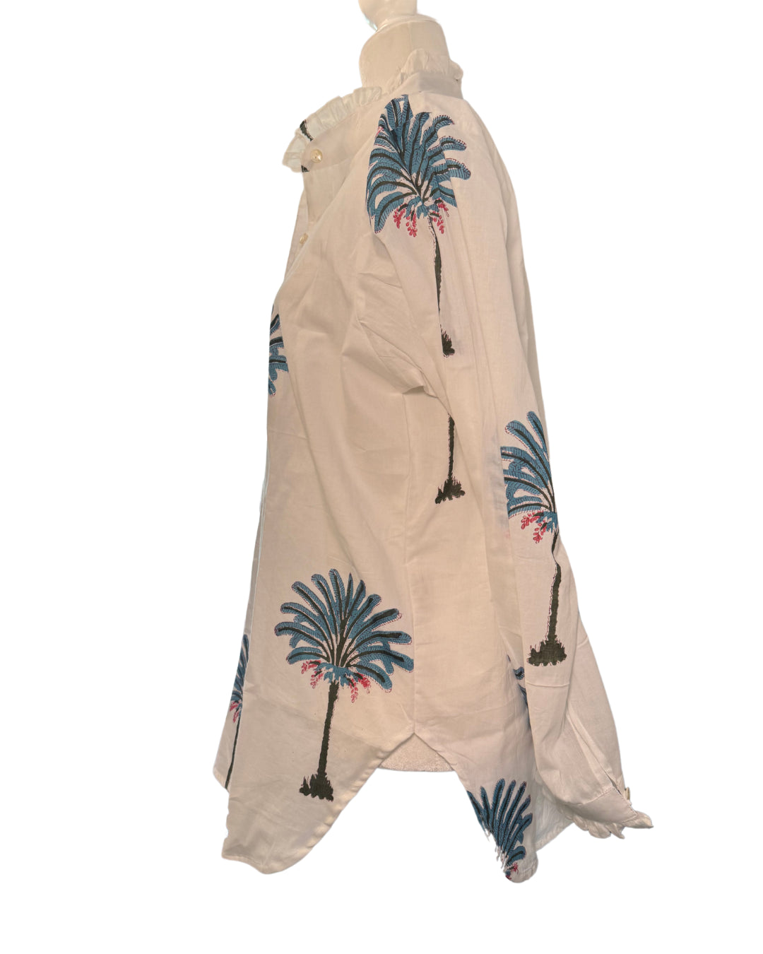 Palm Tree Block Print Women's Button Up Ruffled Collared Blouse