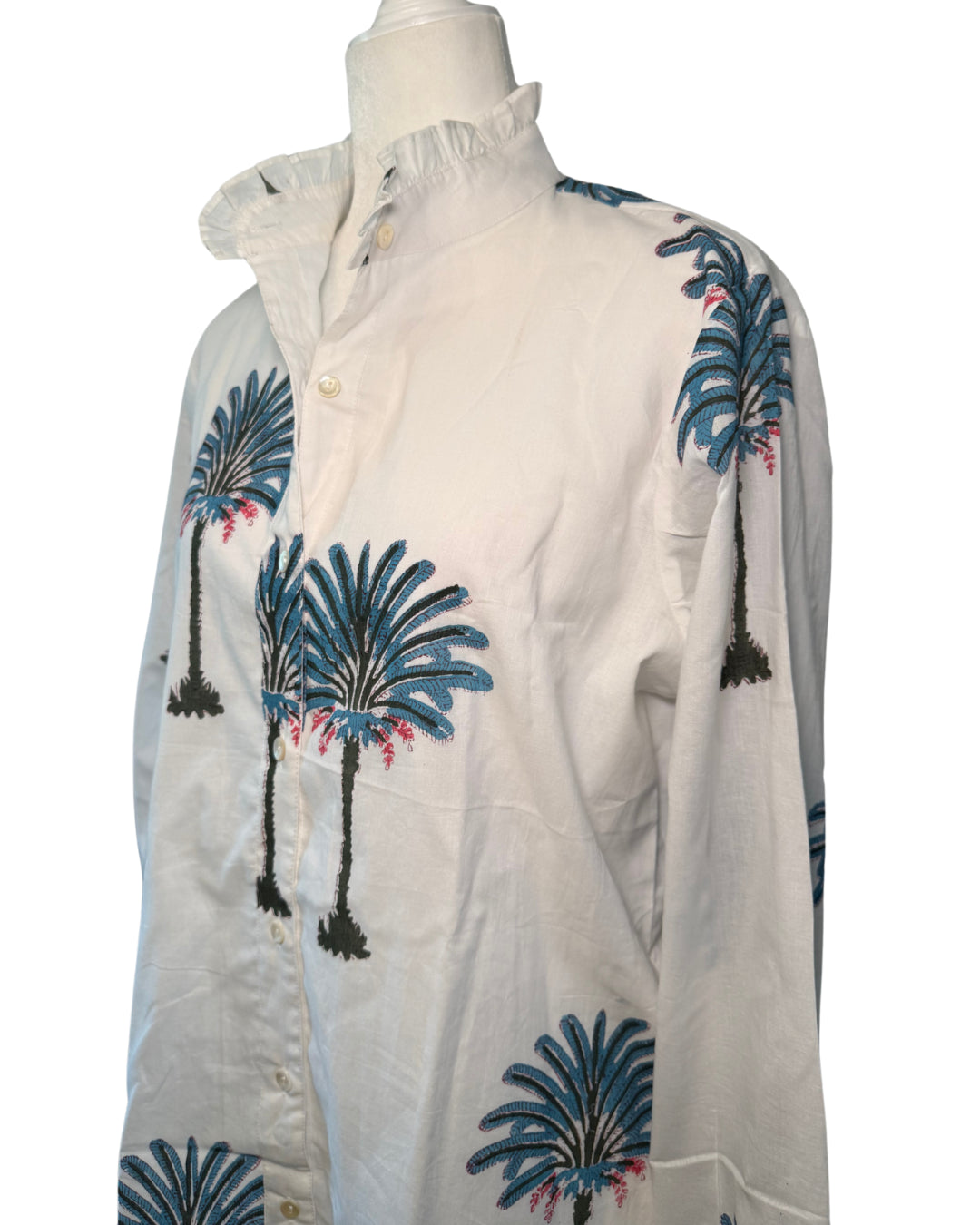 Palm Tree Block Print Women's Button Up Ruffled Collared Blouse