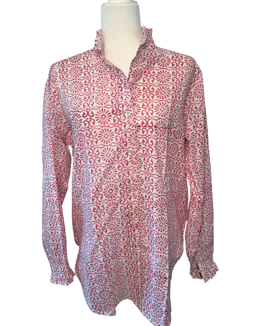 Pink Geometric Block Print Women's Button Up Ruffled Collared Blouse