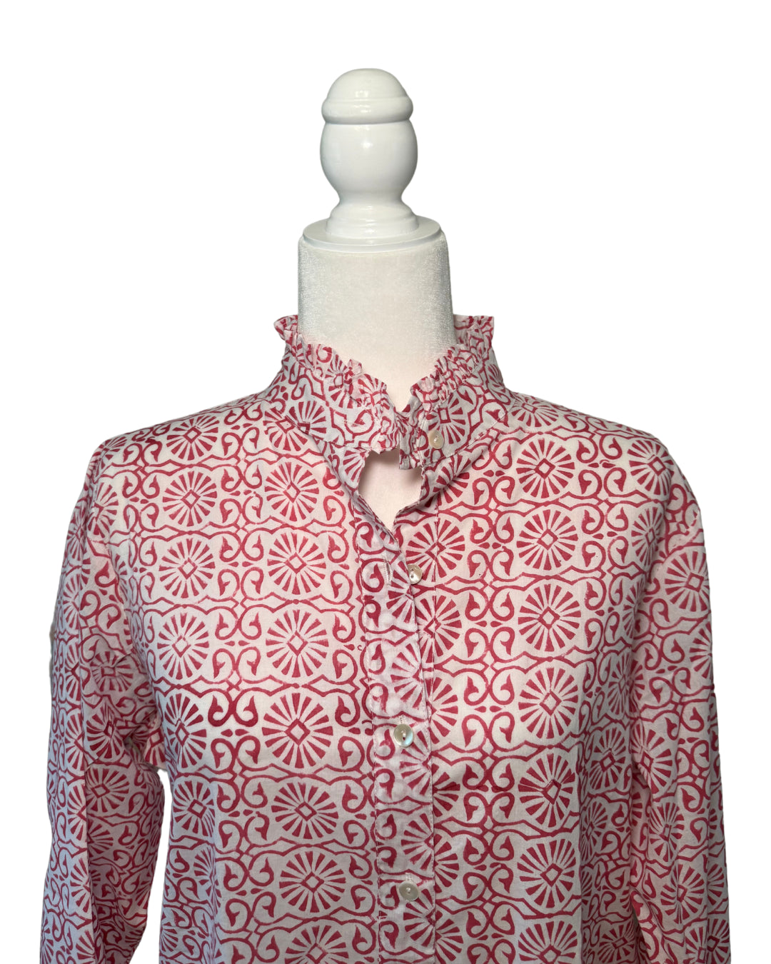 Pink Geometric Block Print Women's Button Up Ruffled Collared Blouse