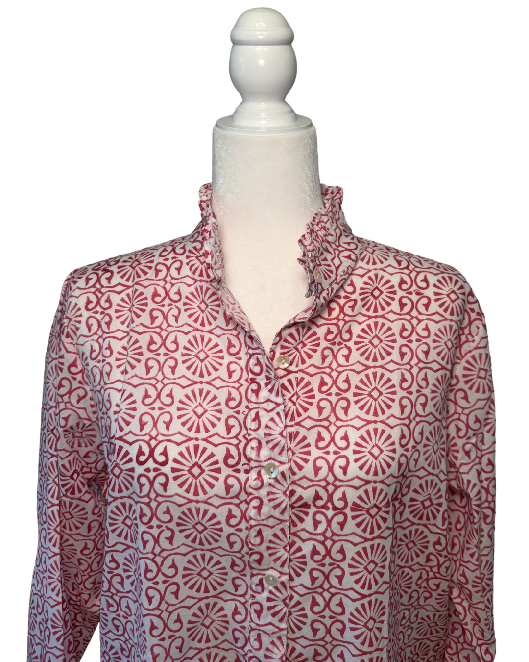 Pink Geometric Block Print Women's Button Up Ruffled Collared Blouse