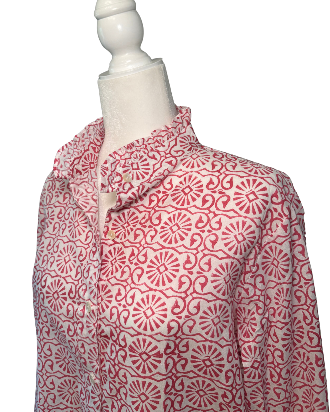 Pink Geometric Block Print Women's Button Up Ruffled Collared Blouse