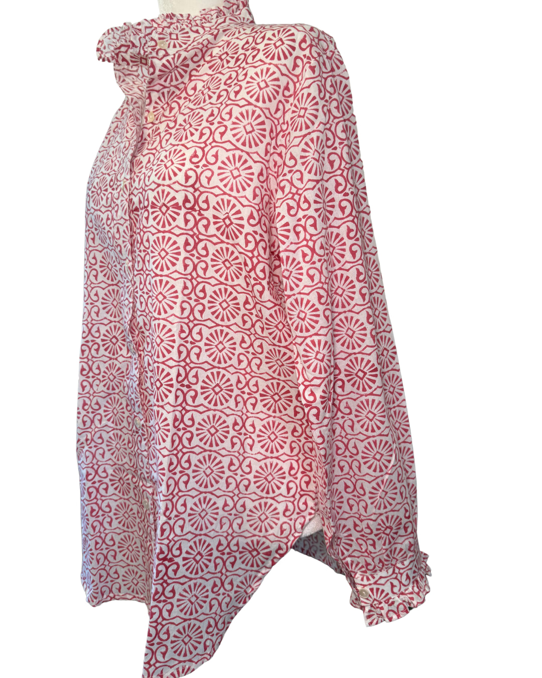 Pink Geometric Block Print Women's Button Up Ruffled Collared Blouse