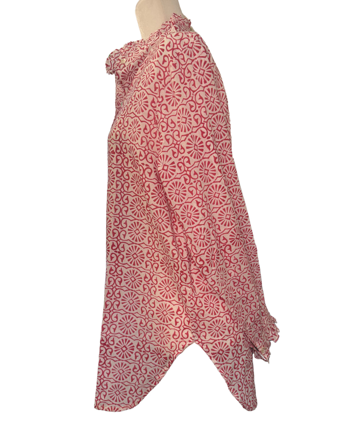 Pink Geometric Block Print Women's Button Up Ruffled Collared Blouse