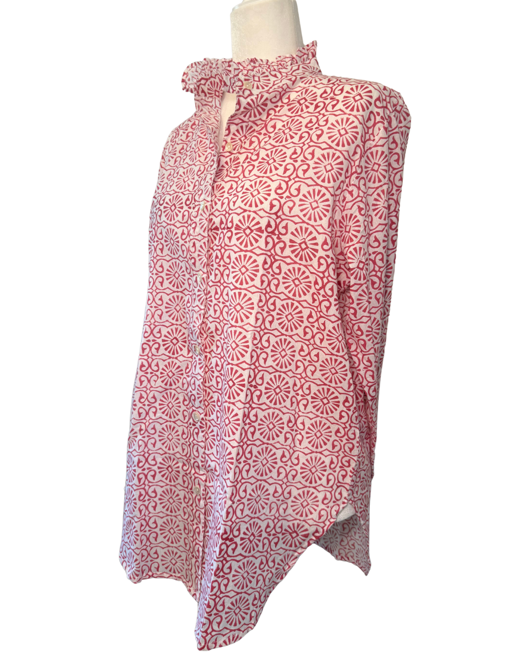 Pink Geometric Block Print Women's Button Up Ruffled Collared Blouse