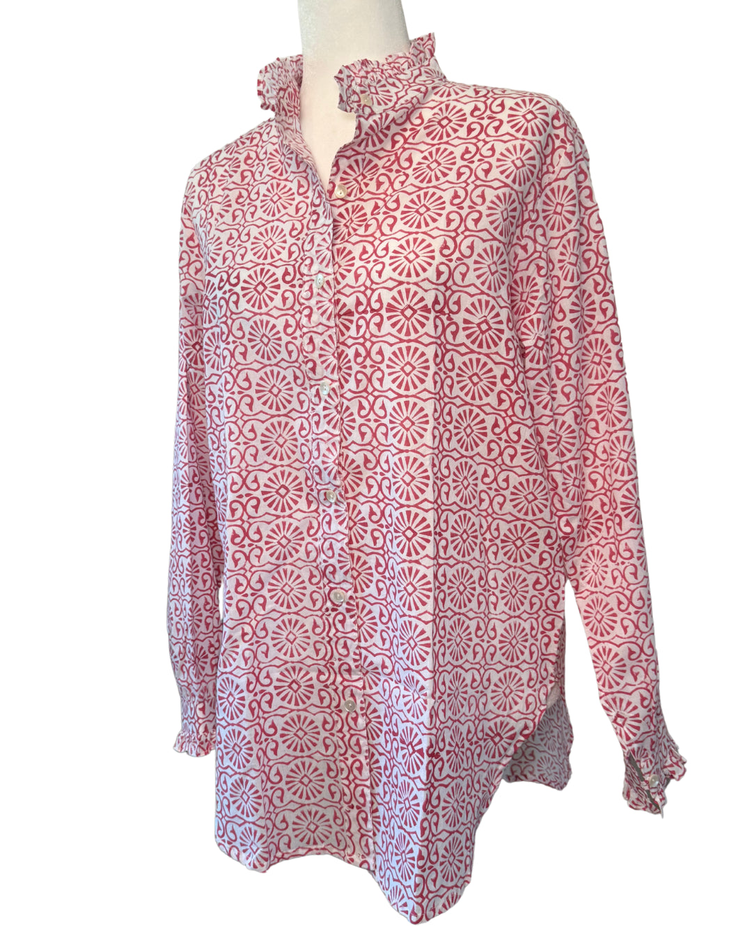 Pink Geometric Block Print Women's Button Up Ruffled Collared Blouse