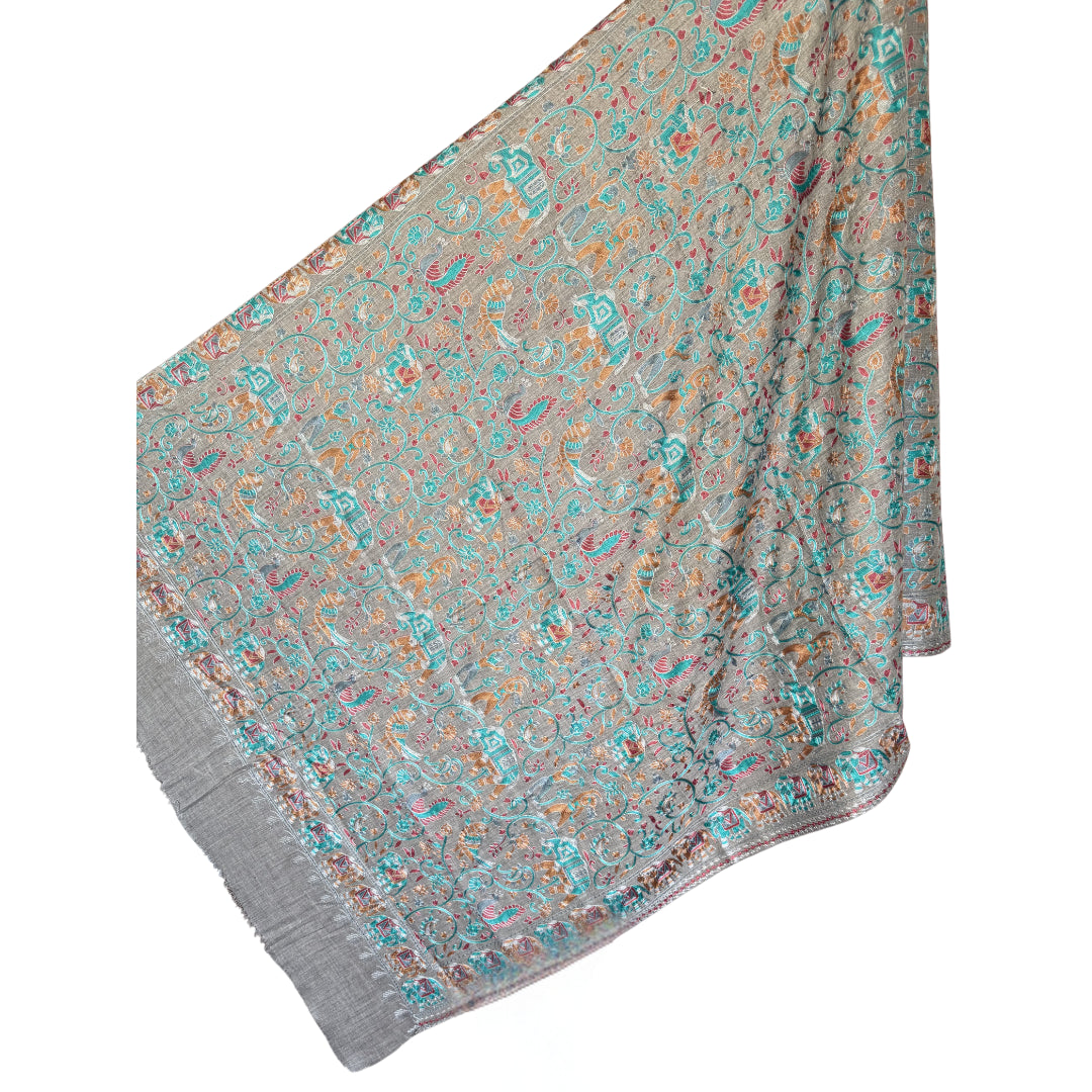 Sonzi Gray, Blue, Orange & Silver Pashmina Shawl