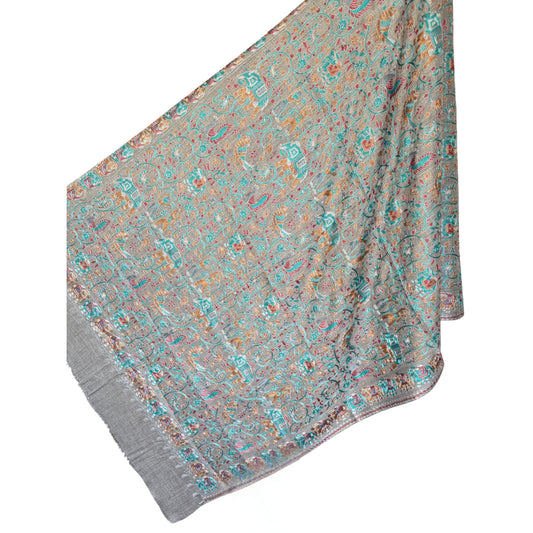 Sonzi Gray, Blue, Orange & Silver Pashmina Shawl