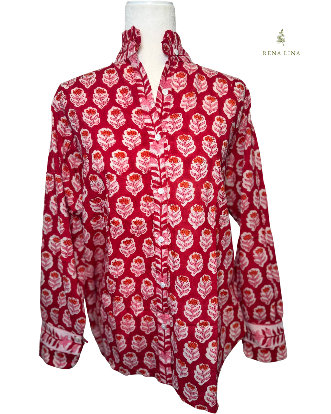 Pink & Red Small Floral Block Print Ruffle Collared  Button Down Blouse - Women's