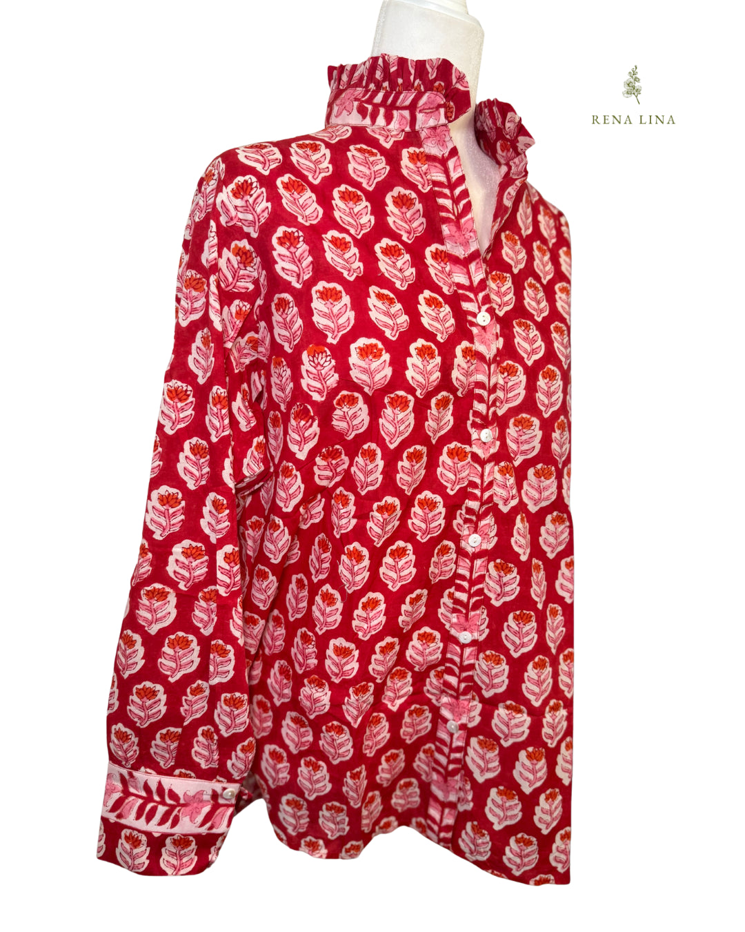 Pink & Red Small Floral Block Print Ruffle Collared  Button Down Blouse - Women's