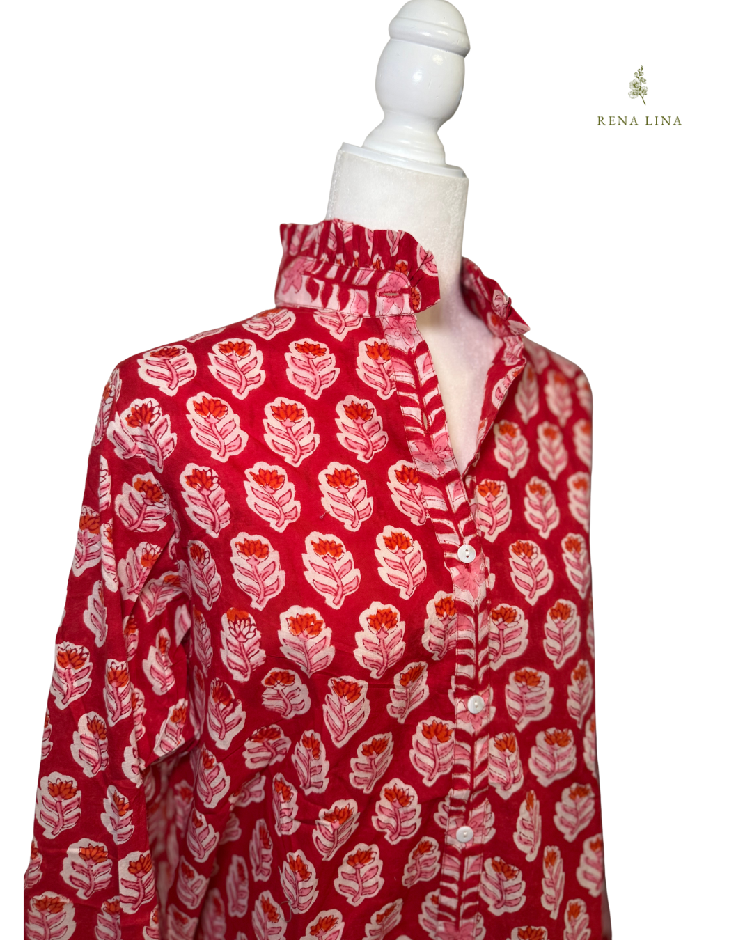 Pink & Red Small Floral Block Print Ruffle Collared  Button Down Blouse - Women's