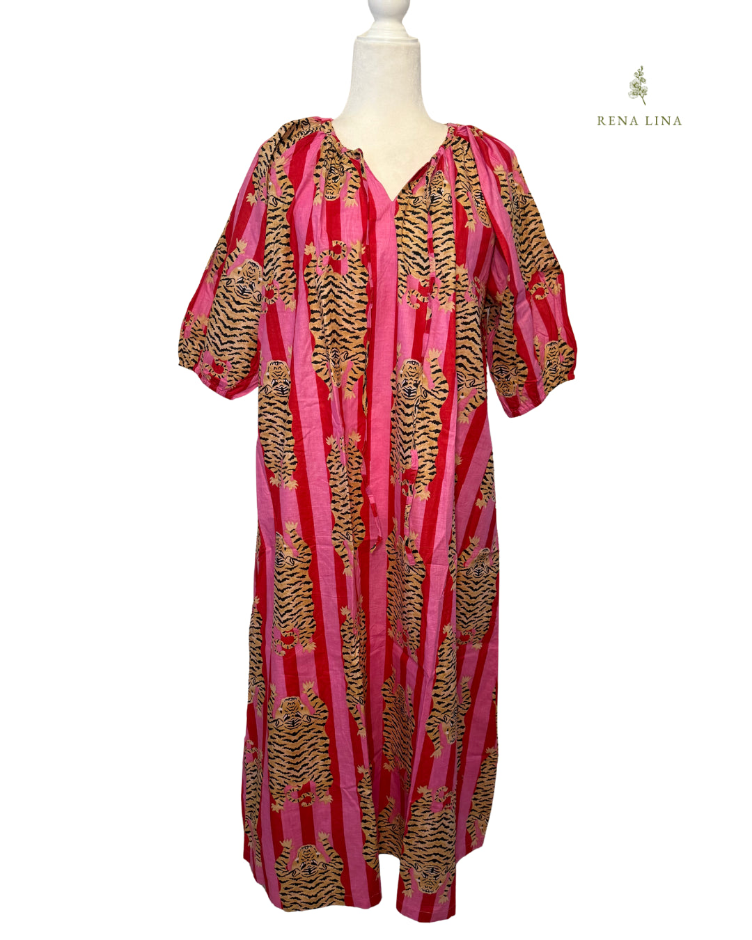 Pink Stripped Tiger House Dress, Maxi with Pockets